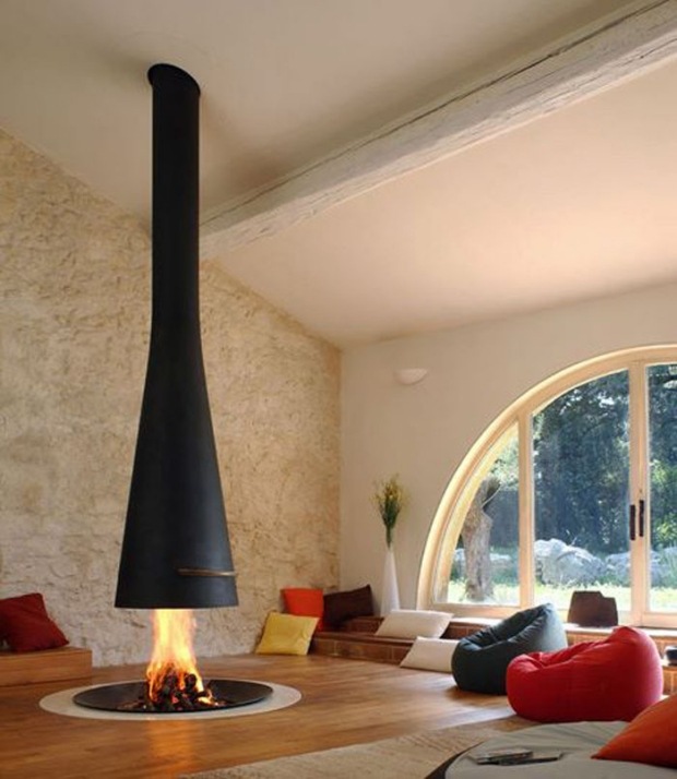 Kamin-Design skandinavisch zentral aufgehängt-Sitzbereich gemütlich gestalten
