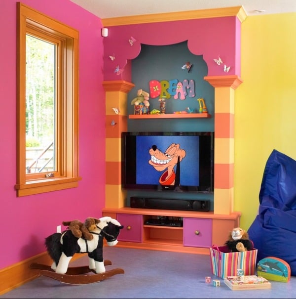 Kinderzimmer Spielplatz Sitzecke Rot Gelb-Wandfarbe Eingelassen Fernseher