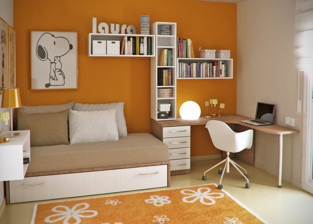 Kinderzimmer teenager orange snoopy deko bild regale