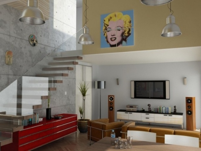 Ideen für Wohnzimmer Modern Portrait Merilyn Monroe Einrichtung Sideboard Treppen geländer Glas-Sofa Beige