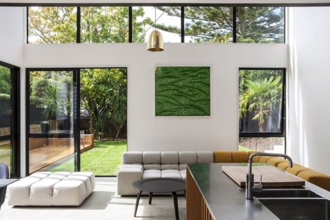 Offene Wohnung-Mit Garten Glasfront-Kücheninsel Design-Moderne Wandgestaltung