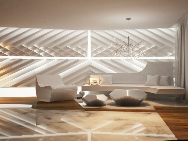 Paneelwand Led-Licht integriert-Marmorboden Holzbelag-futuristische Designer Wohnung