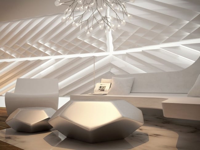Paneelwand Weiß-Wohnzimmer-Möbel futuristisch-Tisch Leuchte Kronleuchter