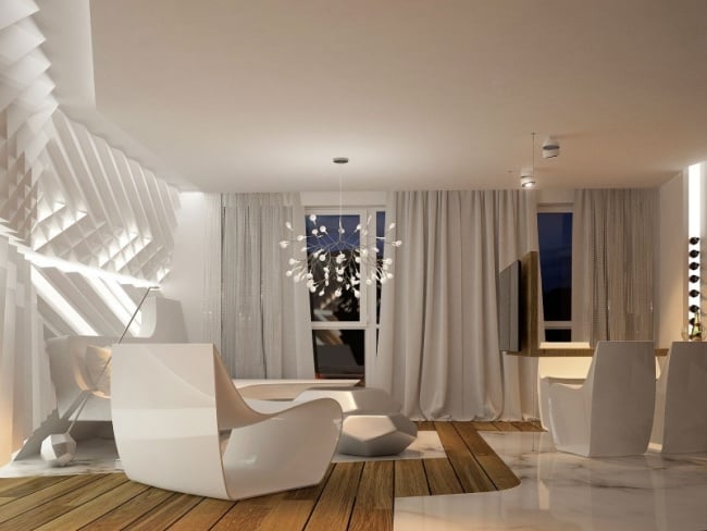 Private Design-Wohnung Bozhinovski-weiße Vorhänge-Lichteffekte kronleuchter