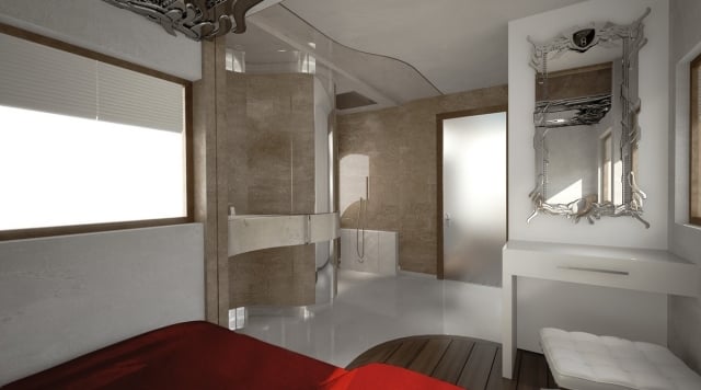 Schlafzimmer Bad Bereich integriet-automatisch Flybridge-mit Lounge-Möblierung