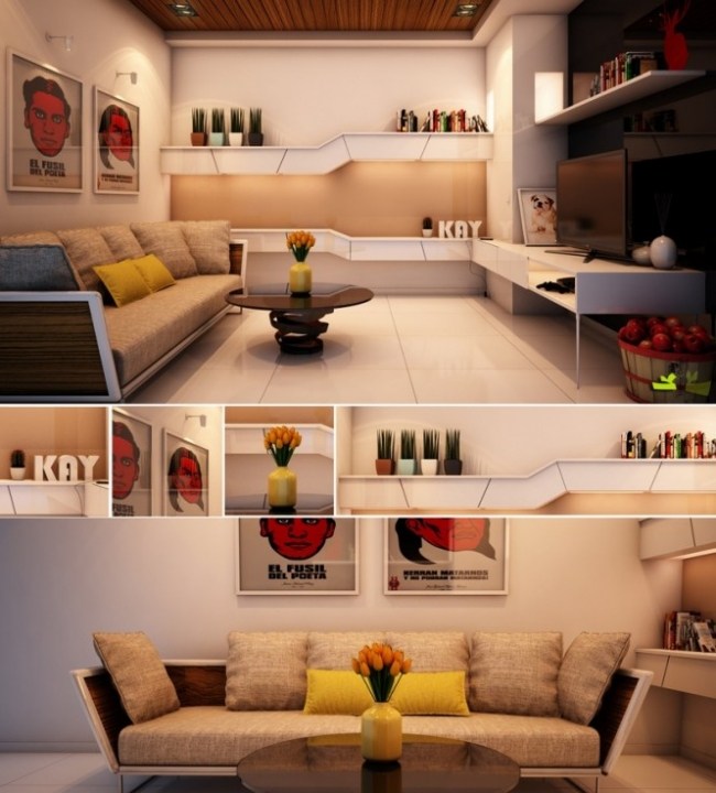 Sitzecke Sofa Kissen Dekoelemente Zimmerpflanzen Regal-Design Gelb Beige