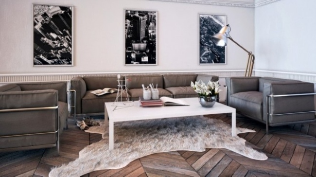 Ideen für Wohnzimmer Sofa Set Parkett Kaffee-Tisch Weiß-Glanz Stehleuchte
