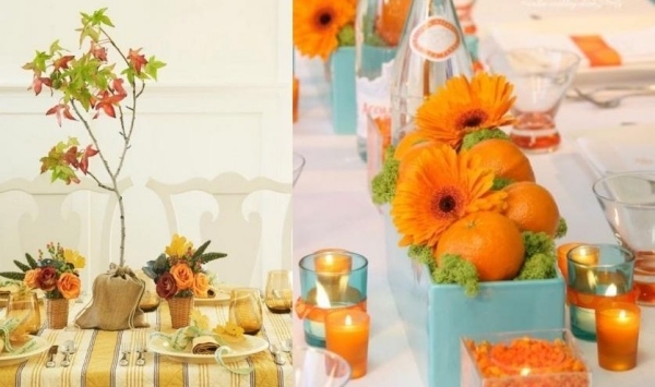 Tafel dekorieren-Herbsttöne Orange-Blumen Blätter-Deko ideen Spätsommer