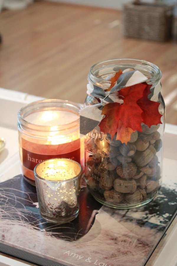 Tischdeko Bastelideen Marmeladenglas Dekorieren-Schleife Windlichter Herbst