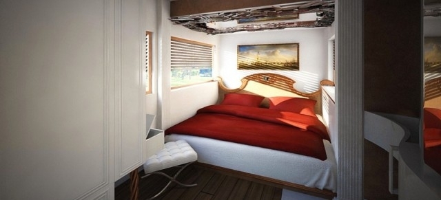 Weltteuerstes Reisemobil Luxus-Interior Design-Schlafbereich Rote Tagesdecke