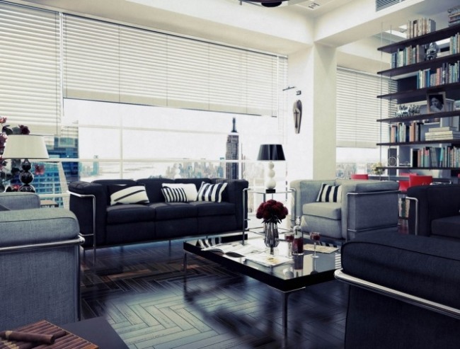 Ideen für Wohnzimmer Polstermöbel Metallgestell Dekokissen-Jalousien-Design schwarz weiß