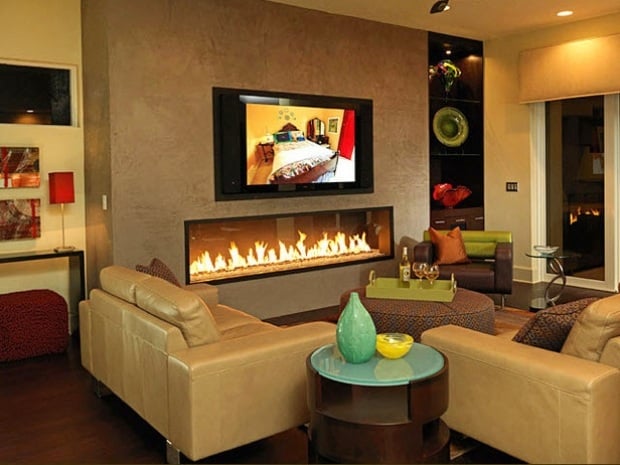 Wohnzimmer Sitzecke Gestaltung Einbau-LED-Fernseher Kaminofen Kaffeetisch