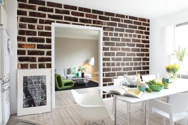 Einrichtung Wohnideen Ziegelmauer-Tapeten Optik Design-Ideen-Möbel im skandinavischen Stil
