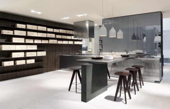 design küchen beton optik dunkles holz offene regale insel