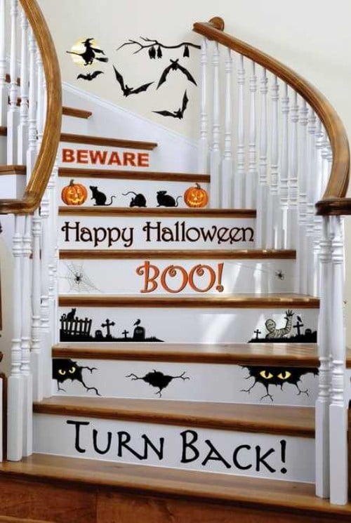 halloween dekorationen treppen stickers boo beware friedhof