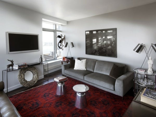 Wohnzimmer einrichten rot weiß graue Farben