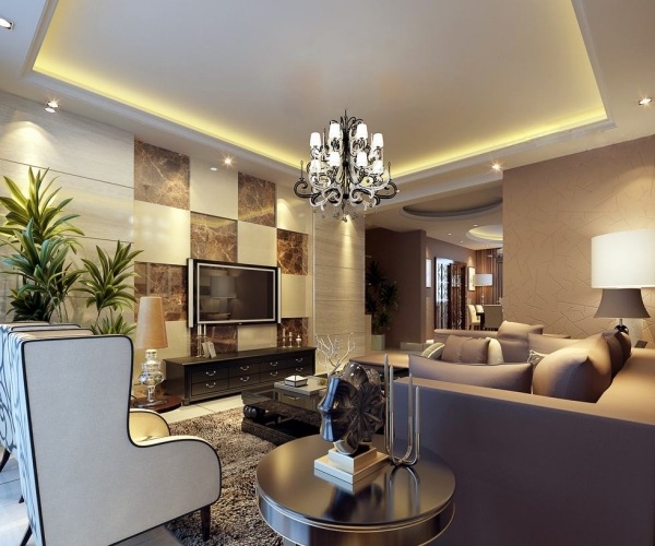 modernes Wohnzimmer abgehängte decke marmor platten tv