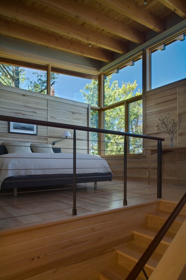 modernes schlafzimmer treppen geländer glas fenster