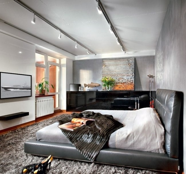 schlafzimmer gemütlich shaggy teppich grau polsterbett