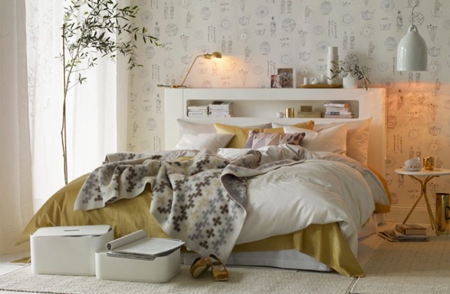 schlafzimmer im skandinavischen stil feminin elegant gold weiß bett