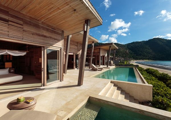 Beach Villa-Luxus Resort Ozean Blick Infinity-Pools Holz-Bauten Six Senses-Vietnam