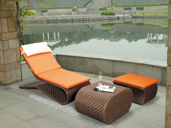 Design Liege-Lounge Pool Rattan Orange Polsterauflagen