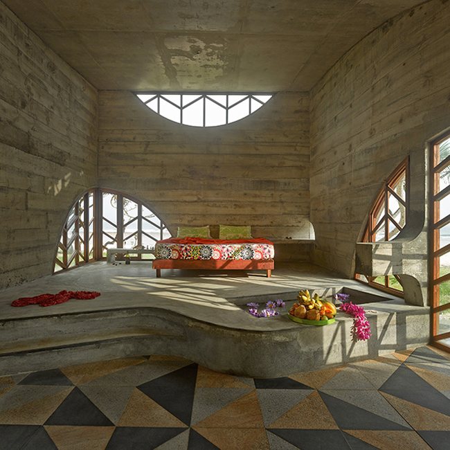 Designer-Villa aus Beton-Mosaike Boden Zement Dachöffnungen-Doppelbett Südpazifik