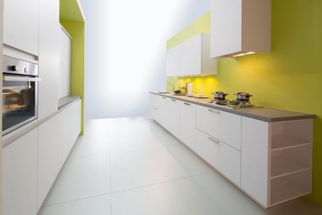 Einbauküche Design-Küchen Oberschränke moderne grifflos Gelb-Glanz Weiß