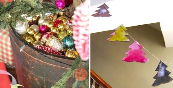 Fass mit Spielsachen Weihnachtsbaum bastelideen deko schillernd-Tannenbaum Girlande