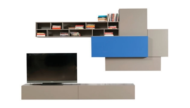 Fernsehschrank blau grau Buchsammlung CD Halter Stauraum Schubladen 