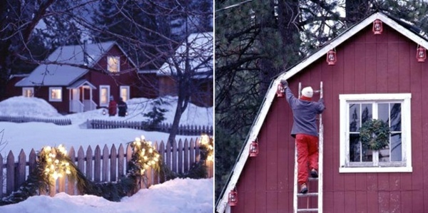 Haus Fassade rustikal schöne Deko Laterne aufhängen Schnee rot