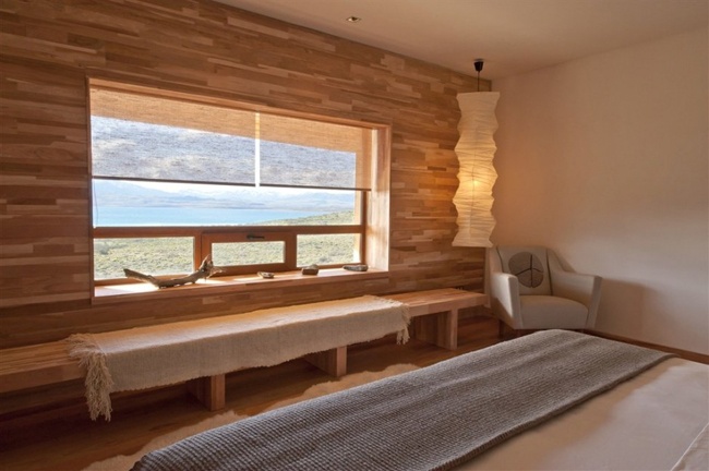 Hotelzimmer luxus Holz einrichtung Südamerikanische Anden Aussichten-See Sarmiento