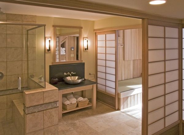 Japanisch Feuchtraum Sauna Badezimmer Innendesign Deko Armatur freistehender Waschbecken Edelstahl-Glasduschkabine Keramikfliesen
