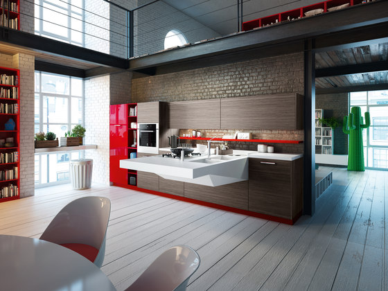 Kompakte Küche Snaidero board rot hochglanz holz esstheke weiß