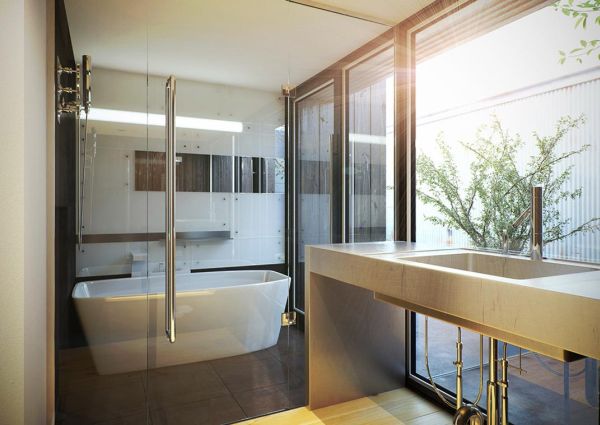 minimalistisch modern frisch Bad Glaswände Waschbecken Waschtisch eingelassen freistehende Badewanne Duschkabine Dusche 