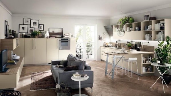 Moderne Design küchen Scavolini offen wohnzimmer beige theke