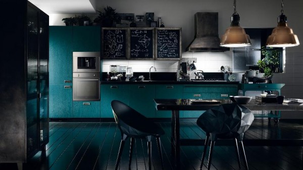 Design Küchen Scavolini türkisblau schwarz essbereich pendelleuchten