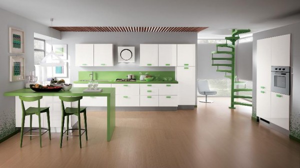 Moderne Design Küchen Scavolini weiß grasgrün akzent theke