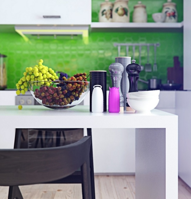 Design Küche gift-grün Küchenrückwand-Esstisch modern weiß-minimalistisch