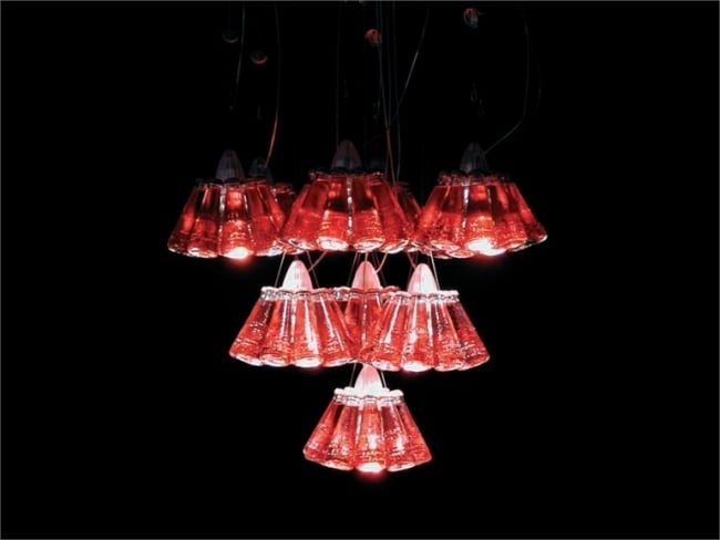 Pendelleuchte Kronleuchter Design Halogenlicht-Ingo Maurer rote Flaschen-Glas Lampenschirm