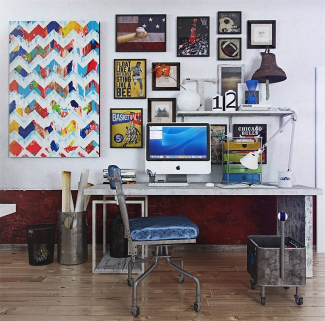 Pop-Art Wanddekor-Industrial Chic Interieur Design-Bürostuhl auf Rollen-Home Office-Parkett Boden