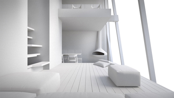 Puristisches Haus Konzept Loft-Alles Weiß-Indoor Kamin Holzboden 