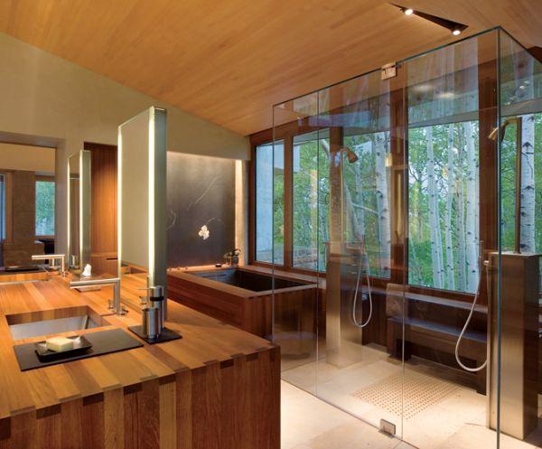Sanitär bereich modern Designer Wanne eingelassen Holzmöblierung Dekoration Fenster Glasduschkabine