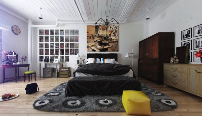 Bett Wandgestaltung Farben-Design Gelb-Hocker Teppich-shaggy Lüster Metallrahmen