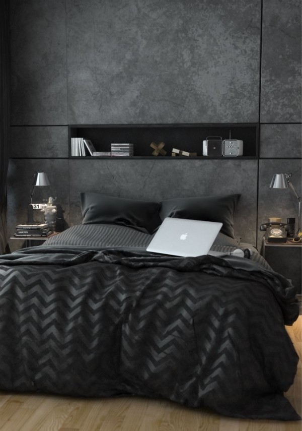 Schlafzimmer Innendesign trendig aschgrau regal integriert wandverkleidung bodenbelag-dekoelemente einfarbig