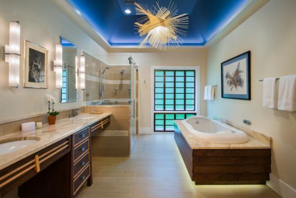 Spa Wellness Badezimmer Acryl Wanne keramik Bodenbeleuchtung Deckengestaltung-Lichtleiste Waschbecken Schubfächer