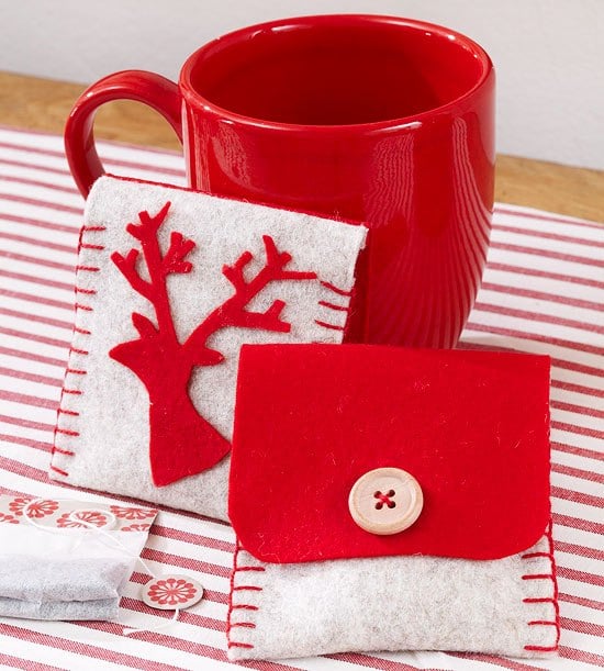 Teebeutel Hülle-Filz Basteln-Weihnachten Geschenkidee rot-weiß Rentier Silhouette