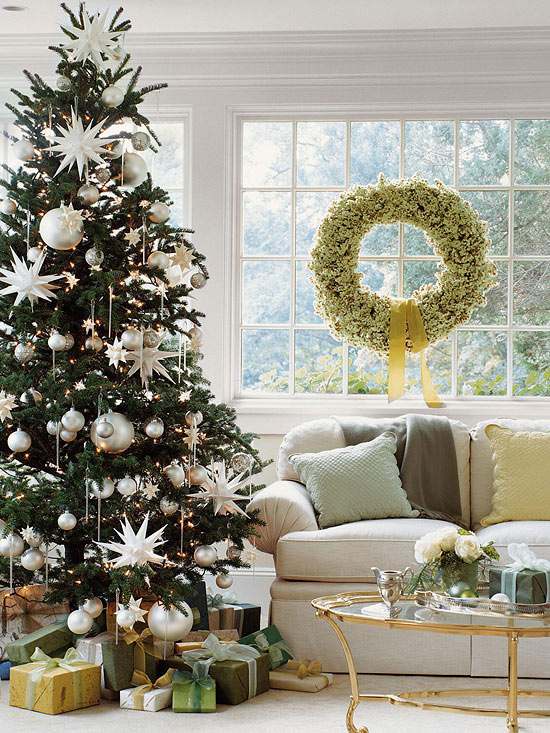 Weihnachtsbaum-schmücken-große-silberne-baumkugeln-sterne