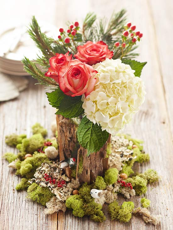 Weihnachtsdeko Tischideen-mit Moos-Blumen Vase Blüher weiß rot
