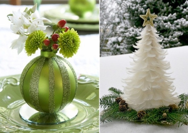 Weihnachtsdeko Weiß Grün baumkugel vase weihnachtsbaum federn